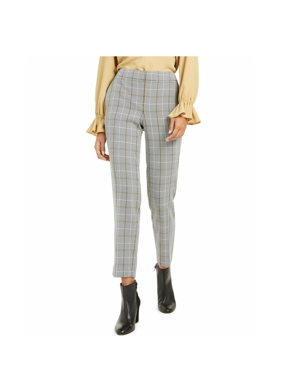 Bar III Plaid Ankle Pants Women’s Size 12 Grey Black Yellow Plaid Work Career